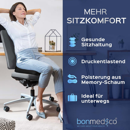 bonmedico orthopedic seat cushion - ergonomic memory foam cushion for office chairs, cars, wheelchairs, or booster seats for adults - Wellness Black
