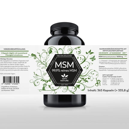365-99.9% pure, high-dose &amp; highly bioavailable MSM sulfur capsules | Vegan, made in Germany &amp; certified | Since 1997 - OPTI NATURE