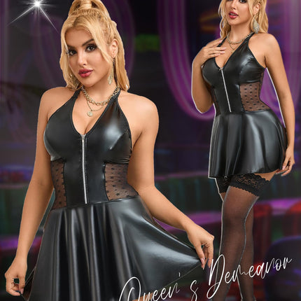 ohyeahlady Leather Dress Women Black Elegant Short Dress Plus Size Wetlook Sexy Lingerie Curvy A-Line PU Leather Party Dress V-Neck Mini Dress Clubwear Lingerie Curvy Women Black, XXL