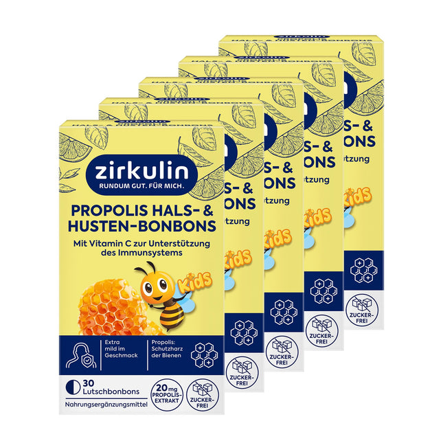 Zirkulin Propolis Throat &amp; Cough Lozenges Kids (5 x 30 pcs.) – 20mg propolis per lozenge – with valuable vitamin C – honey orange flavor – soothing lozenges – sugar-free