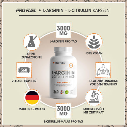 L-Arginine + L-Citrulline Malate Capsules 360x - optimally dosed with 6000 mg per day from L-Arginine (2400 mg) + L-Citrulline Malate (3600 mg) - no additives - laboratory-tested with certificate - vegan