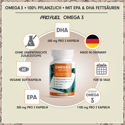 Omega-3 vegan capsules 60x - 2000 mg algae oil per day - high dosage: 600 mg DHA + 300 mg EPA - high-quality Omega-3 algae oil capsules with DHA &amp; EPA (2:1)
