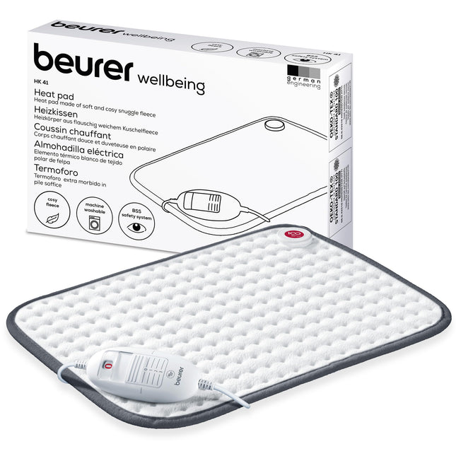 Beurer heating pad HK 41, cozy heat pad with 3 temperature settings and automatic switch-off, machine washable, made in Europe, white / gray, 44 x 33 cm