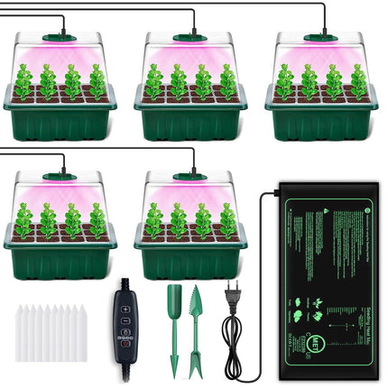YAUNGEL Indoor Greenhouse Propagator with Plant Lamp Heating Mat, 5 Pieces Mini Greenhouse Propagation Set with Timing Controller Adjustable Brightness, Thickened Greenhouse with Lid and Ventilation