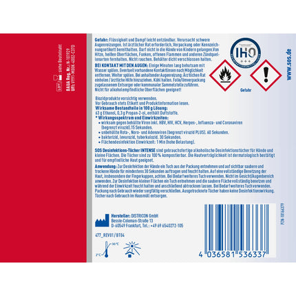 SOS Disinfectant Wipes INTENSE for hands and surfaces | biodegradable | eliminates 99.99% of bacteria, fungi, and viruses* (e.g., herpes, flu, and noroviruses) | 10x25