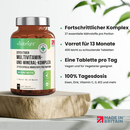 Multivitamin Tablets High Dose - 400 Daily Dose Vitamins, Minerals &amp; Supplements AZ Vitamins + Minerals | Dietary Supplement Women/Men Vegan Multivitamin Complex, VitaBright