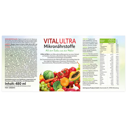 Vital Ultra - 480 ml - Micronutrient concentrate with vitamins, minerals, trace elements, plant substances and omega-3 fatty acids - liquid food made from over 70 ingredients with up to 60 servings