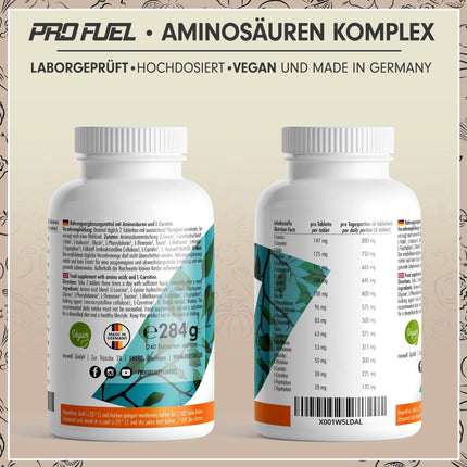 High-dose amino acid complex - 240 tablets - 6,000 mg amino acids per day - 9 essential amino acids + 3 co-factors: taurine, carnitine &amp; glycine - laboratory-tested with certificate - 100% vegan