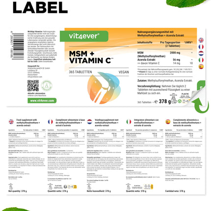 MSM 2000mg - 365 Tablets - With natural vitamin C from acerola - No additives - 6-month supply - High dosage - Laboratory tested - Vegan
