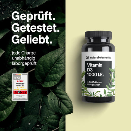 Vitamin D3 1000 IU – 365 tablets in a year's supply – Vitamin D for bones and immune system – high dosage, without unnecessary additives – produced in Germany and laboratory-tested