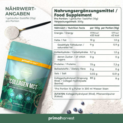 Collagen Powder by Primal Harvest - Bioactive Premium Collagen Complex, Sustainable Grass-Fed, Collagen Hydrolysate, Tasteless, Optimal Solubility (Primal Collagen MCT (1 Pack)