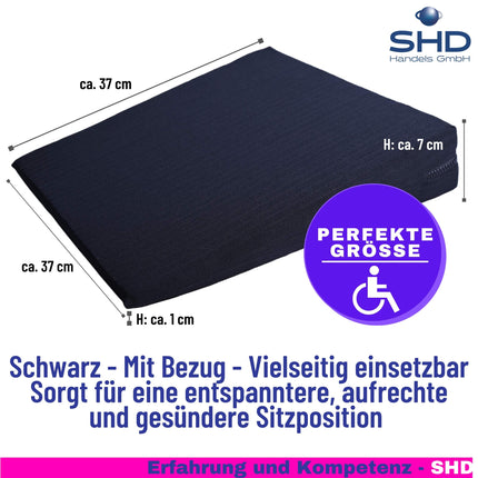 SHD Premium Wedge Cushion Comfortable Seat Cushion - Made in Germany Seat Cushion Office Chair for Relief Seat Wedge Cushion Wheelchair, Office, Car - with Washable Cover, 37x37x7/1 cm Black