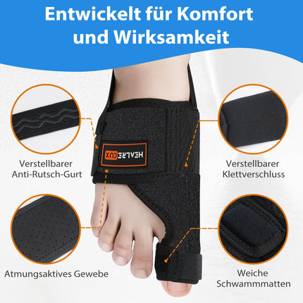 Healrecux 2x Hallux Valgus Correction Splint With 2x Toe Spreader for Toe Straightening for Day and Night, Hallux Valgus Bandage for Men and Women Protection of the Big Toe