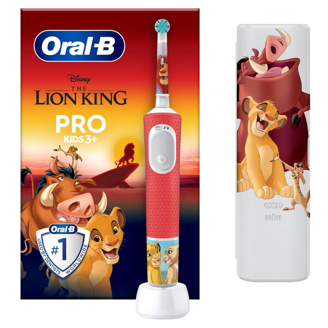 Oral-B Pro Kids Lion King Electric Toothbrush for children 3 years and older, including Sensitive+ mode for dental care, extra soft bristles, 1 brush head, 1 travel case, white/red