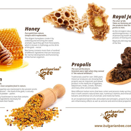 450 g honey contains pollen, beeswax, propolis, and royal jelly
