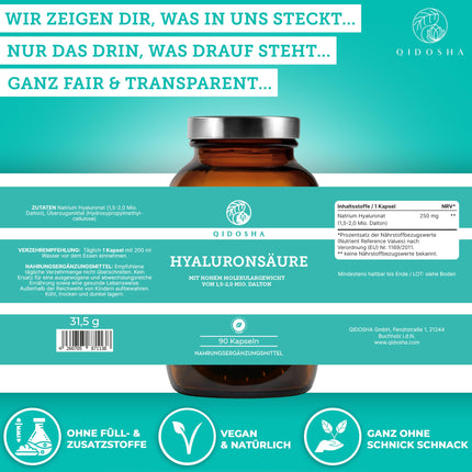 QIDOSHA® Premium Hyaluronic Acid Capsules, TEST WINNER 07/23*, high molecular weight of 1.5-2 million Daltons (common market: 0.5 million), 250 mg/capsule, 90 pcs/pharmacy jar, vegan, naturally fermented