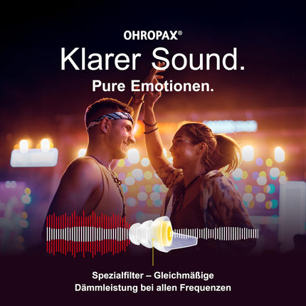 OHROPAX Music earplugs – with special filter – unadulterated sound with even attenuation – sound insulation value SNR 19 dB – ideal for concerts – 1 pair with inserted filter + 1 smaller pair of earplugs