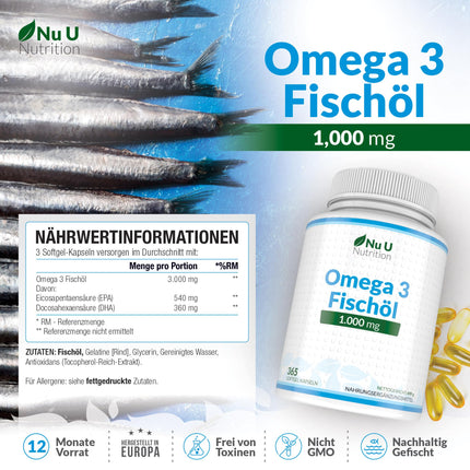 Omega 3 Fish Oil 1000mg - 365 Capsules High Dose - 900mg EPA &amp; DHA per dose in triglyceride form - Pure Fish Oil from Sustainable Fishing - Essential Omega 3 Fatty Acids - Nu U Nutrition
