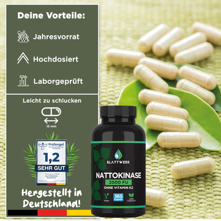 Nattokinase 2000 FU - ANNUAL SUPPLY - 365 Nattokinase Capsules, 100 mg each (20,000 FU/g) - Made in Germany - High-Dose Nattokinase - Natto from Soy - 100% Vegan - Laboratory Tested - BLATTWERK