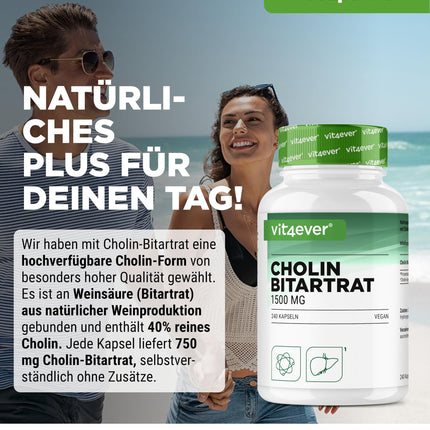 Pure Choline Capsules - 240 Capsules with 750 mg Choline Bitartrate - 4 Month Supply - Liver, Homocysteine ​​&amp; Lipid Metabolism - Active Choline - Natural - High Dosage - Vegan