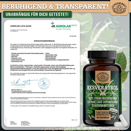 Resveratrol -1000mg per daily dose- IMPORTANT: 100:1 extract (=100000mg Japanese knotweed root) + piperine | 98% Trans-Resveratrol high dosage | Laboratory tested -DE- SCHEUNENGUT®