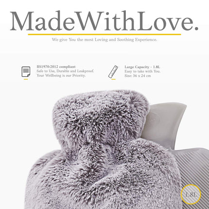 Qomfor Hot Water Bottle with Soft Cover 2l - Large 2 liter Fluffy Hot Water Bottle - Bed Bottle for Children and Adults - Gifts for Women - Light Gray