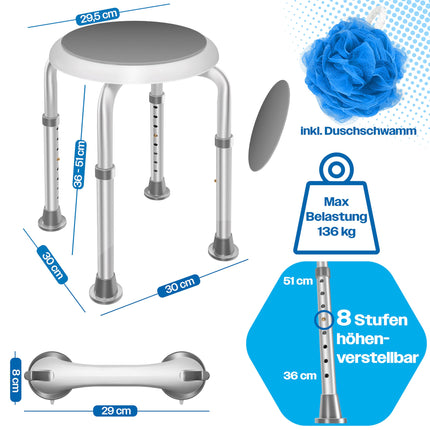 KESSER® Shower Stool, Height-Adjustable 8 Steps | Lightweight Bath Stool with Non-Slip Rubber Feet, 136KG Load Capacity | Shower Aid for Seniors | Suction Cup Grab Handle for Bathtub | Shower Seat with 360° Rotation