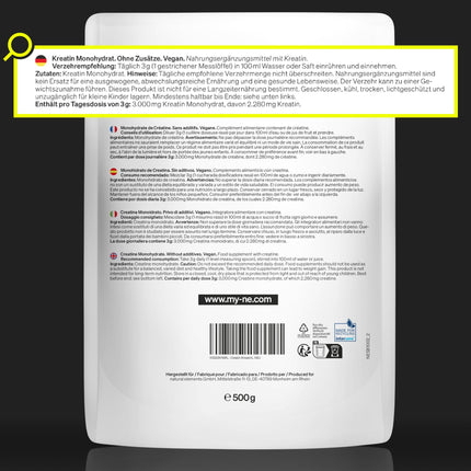 Creatine Monohydrate – 500g ultrafine powder (mesh factor 200) – 166 servings of pure creatine – high dosage – vegan, without unnecessary additives – bottled and laboratory-tested in Germany
