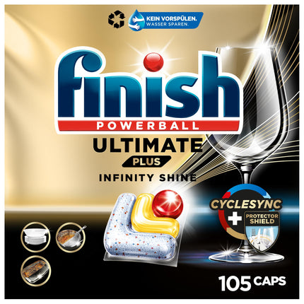 Finish Ultimate Plus Infinity Shine Citrus Dishwasher Tablets – Dishwasher tablets for intensive cleaning, grease-cutting power and shine with protective shield – 105 Caps, Tablet, Lemon