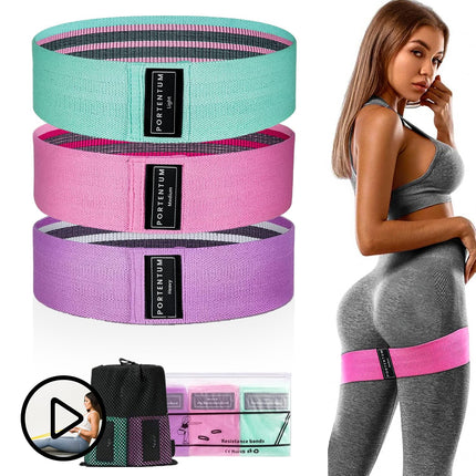 PORTENTUM Resistance Bands, Fitness Bands Set, Yoga Strap in 3 Tensile Strengths, Training Band, Yoga Band AS Resistance and Support for Leg Training, Video with Included Exercises, Pink, Green, Purple