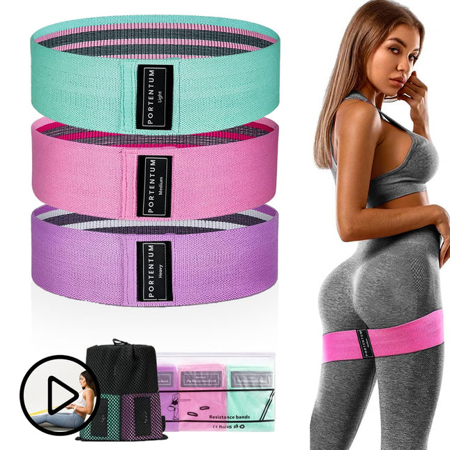 PORTENTUM Resistance Bands, Fitness Bands Set, Yoga Strap in 3 Tensile Strengths, Training Band, Yoga Band AS Resistance and Support for Leg Training, Video with Included Exercises, Pink, Green, Purple