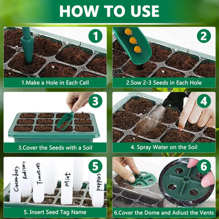 MOYKSRR Indoor Greenhouse Propagator, 10 Pieces 120 Cells Mini Greenhouse Propagation Set with 2 Garden Tools, 3 Shovels, 20 Labels, Greenhouse Propagation Tray with Higher Lid for Seedling Plant