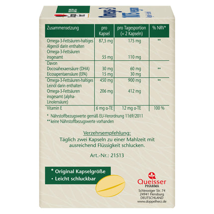 Doppelherz pure Omega-3 1075 vegan - Algae oil + linseed oil - Alpha-linolenic acid contributes to the maintenance of normal cholesterol levels - 80 capsules