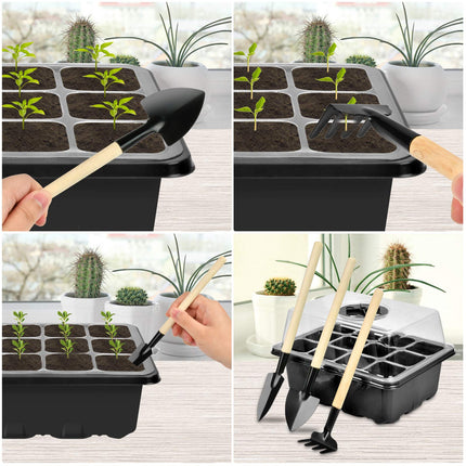 2 pieces indoor greenhouse cultivation, mini greenhouse cultivation set, cultivation tray with lid, plastic cultivation trays with 3 small garden tools, 12 holes, ideal for seed germination and plant growth