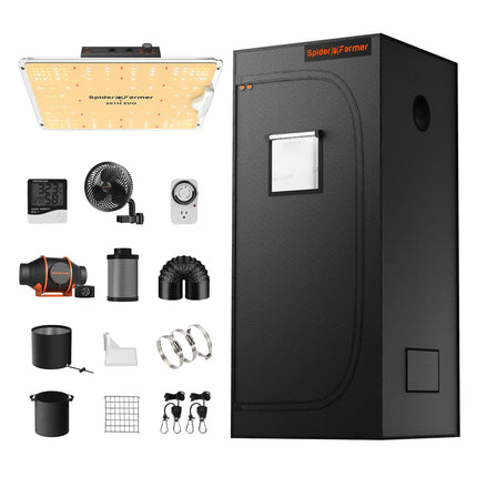 Spider Farmer Grow Tent Complete Set SF1000 Grow Light Dimmable LED Grow Lamp Full Spectrum Samsung LM301H EVO Diodes Grow Tent Kit Complete 70x70x160cm Hydroponics Growing Tent Set Ventilation System
