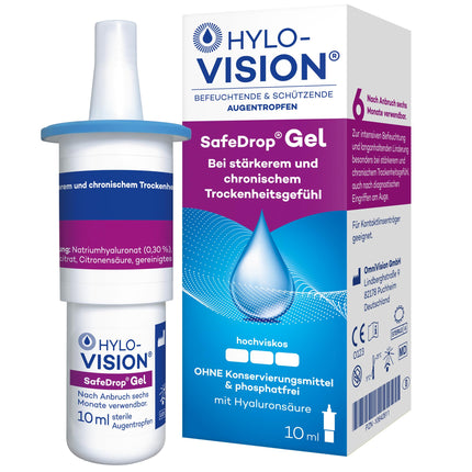 Hylo-Vision SafeDrop Gel Eye Drops – Relief from severely and chronically dry eyes, intensive moisturizing, highly viscous, preservative-free, suitable for contact lenses, 10 ml