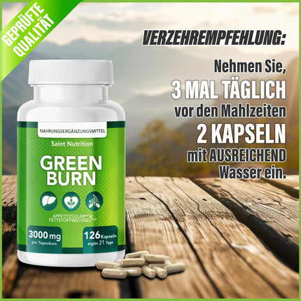 GREEN BURN® Appetite Suppressant Capsules – Extremely High Dose with Glucomannan, Choline, Vitamins B1 + B6 – Dietary Supplement for Women &amp; Men – Support for Weight Loss &amp; Metabolism – Fast &amp; Strong