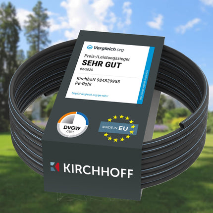 Kirchhoff water pipe for garden irrigation 25 mm x 12.5 m | PE pipe for sprinkler system | HDPE connecting pipe | DVGW | Drinking water pipe | Made in EU