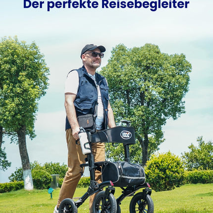 VOCIC Rollator Foldable and Lightweight with Seat, Outdoor Rollator with Rubber Non-Pneumatic Tires for All Terrain, Aluminum Height-Adjustable Rollators for Outdoors &amp; Cross-Country Skiing &amp; Travel, Black (5-Year Warranty)