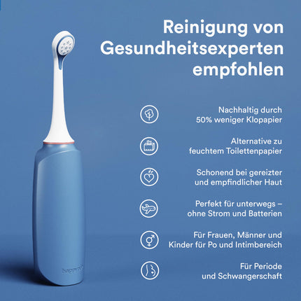 HappyPo Butt Shower with Storage Bag, Optimized Design, Gentle on Sensitive Skin, for Women, Men, and Children, for Buttocks and Intimate Area, Gentle and Clean - Plastic - Blue