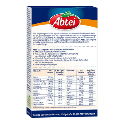 Abtei AZ Complete Long-Term Multivitamins - 24 Vitamins and Minerals - High Dose, Vegetarian - 40 Depot Tablets