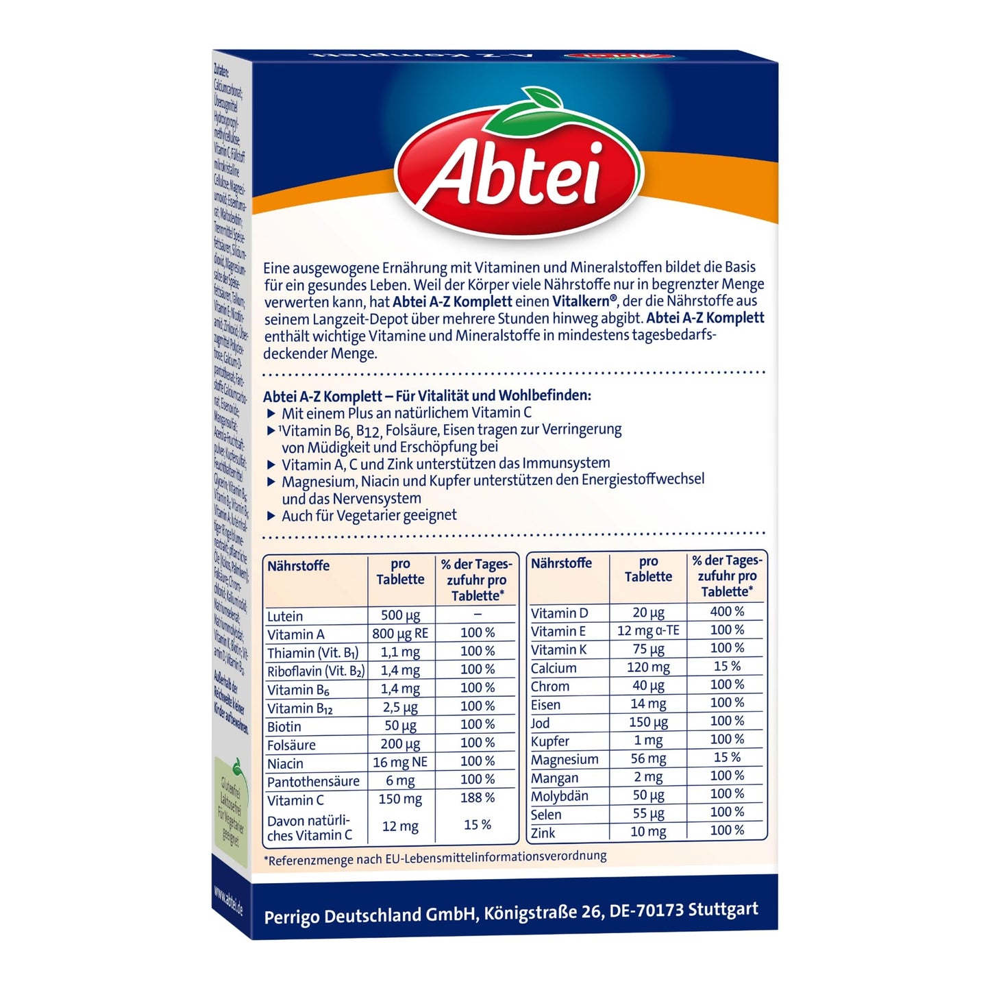Abtei A-Z Komplett Langzeit-Multivitamine - 24 Vitamine und Mineralstoffe - hochdosiert, vegetarisch - 40 Depot-Tabletten