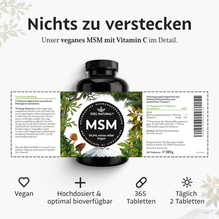 MSM Tablets - 2000mg MSM (Methylsulfonylmethane) per daily dose - 365 Tablets (6 months) - With natural vitamin C from acerola - High dosage, vegan, laboratory-tested, without unwanted additives