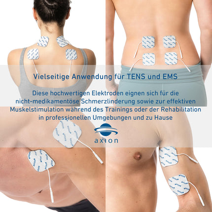 16 TENS EMS electrode pads 5x5 cm, reusable adhesive electrodes for TENS devices &amp; EMS trainers, excellent adhesive conductivity, 2mm plug connection - certified medical device - axion®