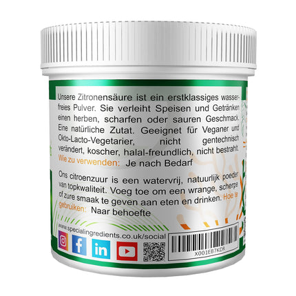Special Ingredients Citric Acid 100g Pure Food Grade 100% Pure Powder (German Labels and Instructions)