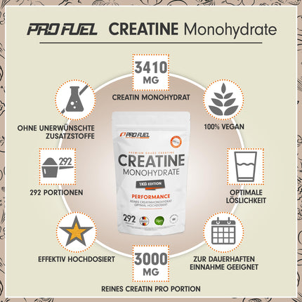 Creatine powder 1kg / 1000g pure creatine monohydrate in micronized quality - Creatine monohydrate optimally dosed - Creatine powder without additives, 100% vegan, supply for 292 days