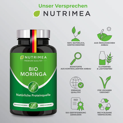 MORINGA Oleifera Capsules | Organic Certified NO Additives | Made in Germany | Energy Tabs in a 4-month supply | SUPERFOOD 100% VEGAN