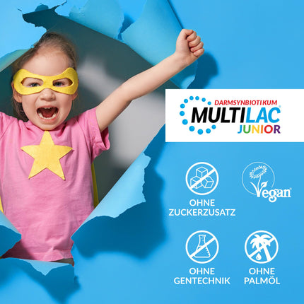 MULTILAC INTESTINAL SYNBIOTIK Junior with 20 chocolate bars. Contains selected bifidobacteria and lactobacilli with inulin and 1 billion bacteria. Sugar-free, gluten-free, and lactose-free. Only once daily.