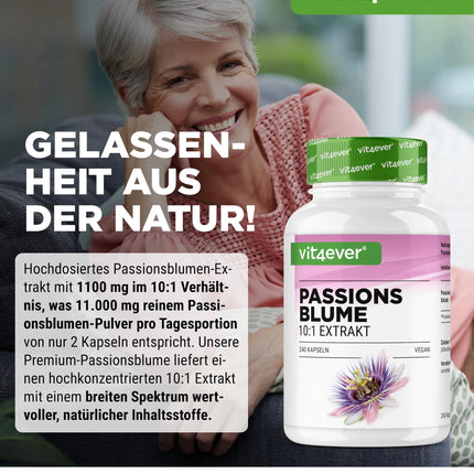 Passionflower Extract - 240 Capsules - Premium: 1100 mg extract 10:1 (equivalent to 11000 mg passionflower) per daily serving - Extra high dosage - No unwanted additives - Vegan - Laboratory tested