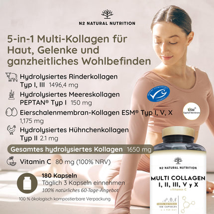 Multi Collagen Capsules High Dose 1650mg Enriched with Vitamin C. Hydrolyzed Collagen Peptides Types I, II, III, V, and X. 180 Capsules. For skin, hair, bones, and joints. N2 Natural Nutrition